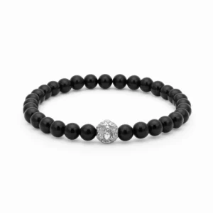Shiny Black Achat bead bracelet with silver– Handmade mineral bracelet, sleek and perfect for elegant outfits.